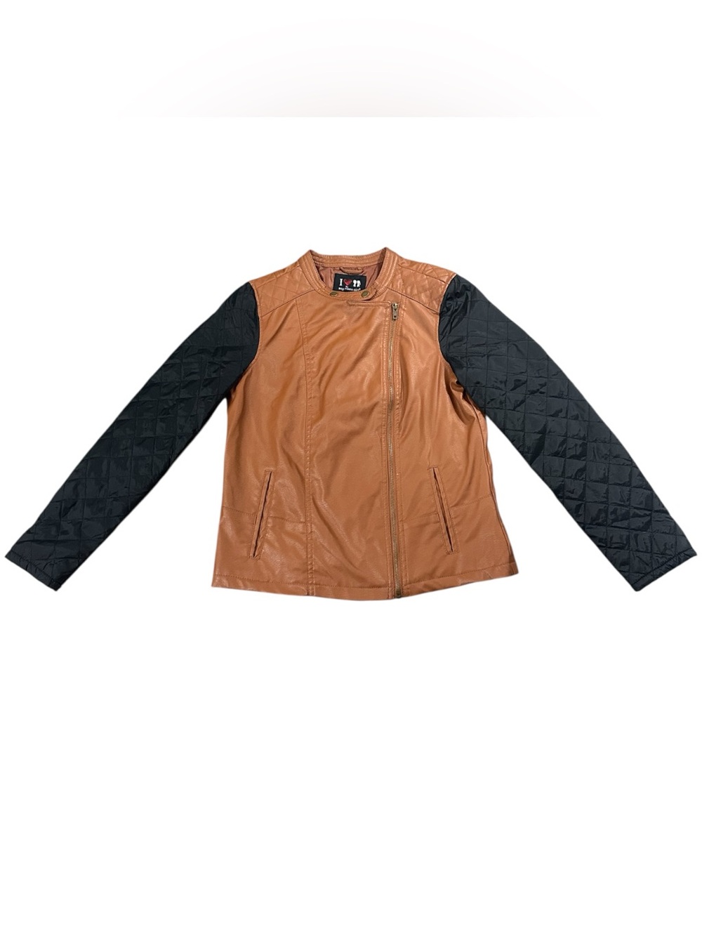 Boy Meets Girl Faux Leather Moto Jacket Brown Black Quilted Sleeve Women’s L
